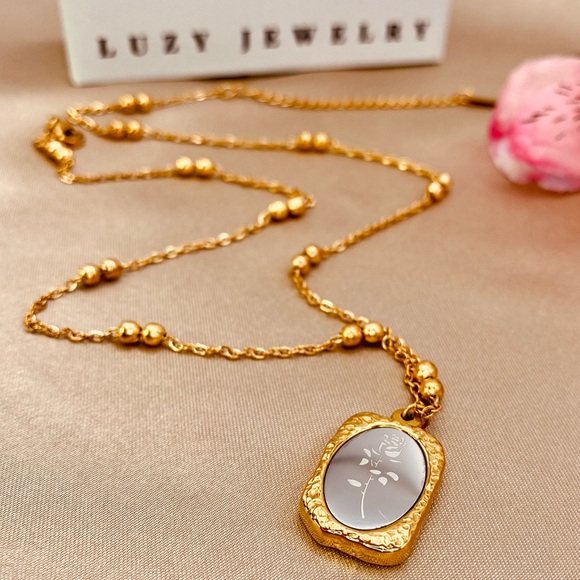 18K Gold PVD Coating Mirror Effect Rose Pendant Beaded Dainty Chain Necklace - Picture 6 of 13